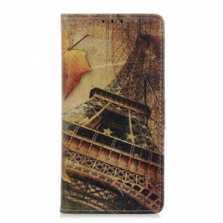 Capa Em Pele Para Xiaomi Redmi 9A Torre Eiffel No Outono