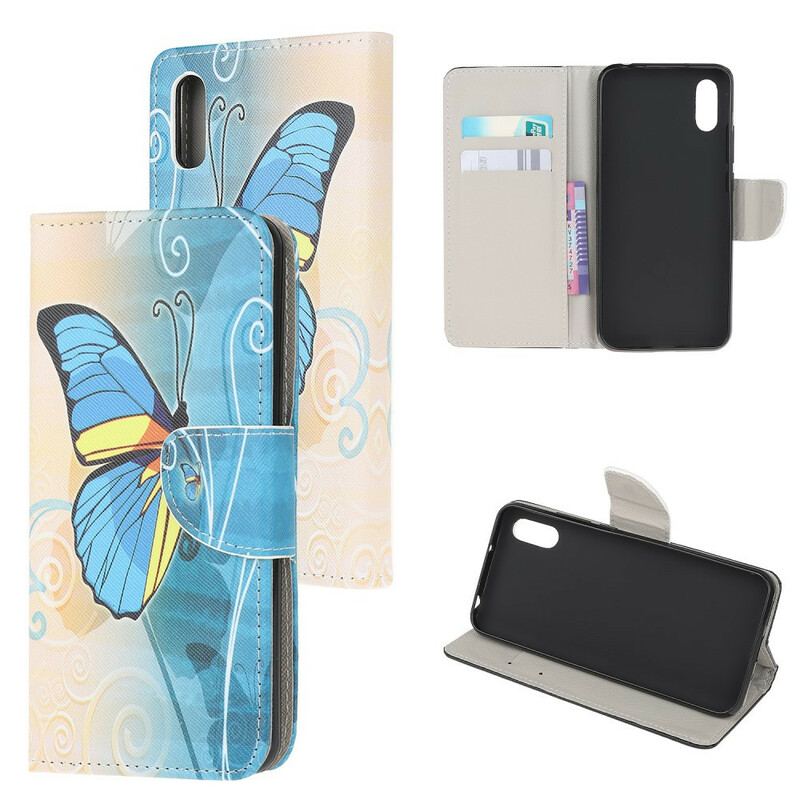 Capa Flip Para Xiaomi Redmi 9A Borboleta Azul E Amarela