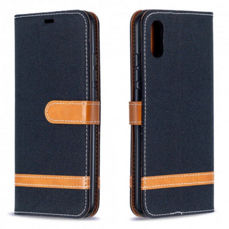 Capa Flip Para Xiaomi Redmi 9A De Cordão Correia Efeito Tecido E Couro