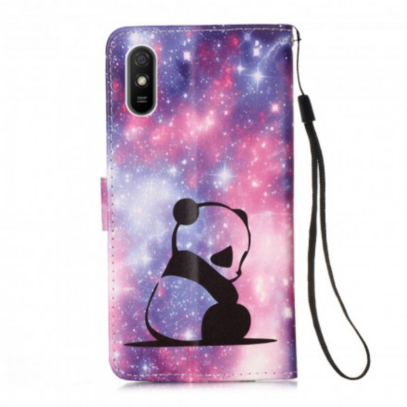 Capa Flip Para Xiaomi Redmi 9A De Cordão Lanyard Panda Reflexões