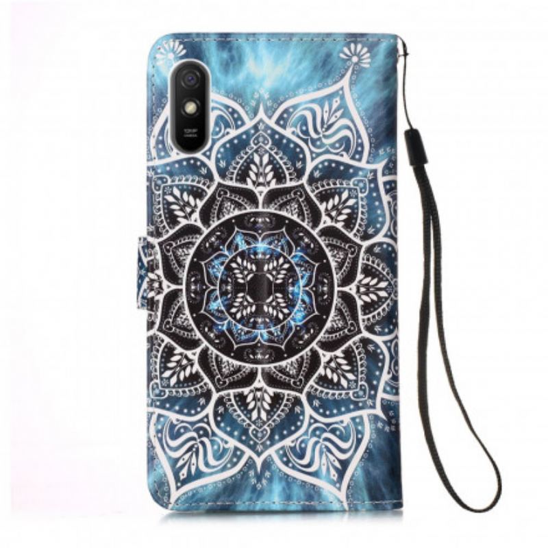 Capa Flip Para Xiaomi Redmi 9A De Cordão Mandala De Tiras Pretas