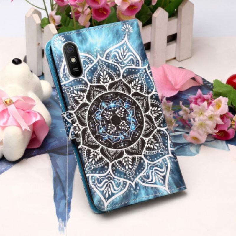 Capa Flip Para Xiaomi Redmi 9A De Cordão Mandala De Tiras Pretas