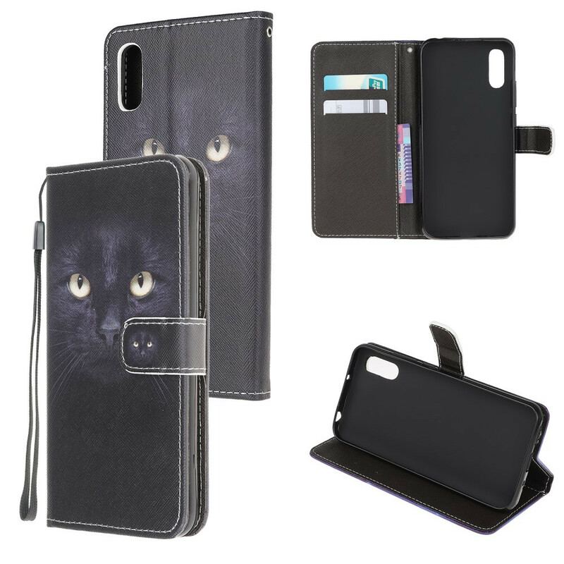 Capa Flip Para Xiaomi Redmi 9A De Cordão Olhos De Gato Preto Com Tiras