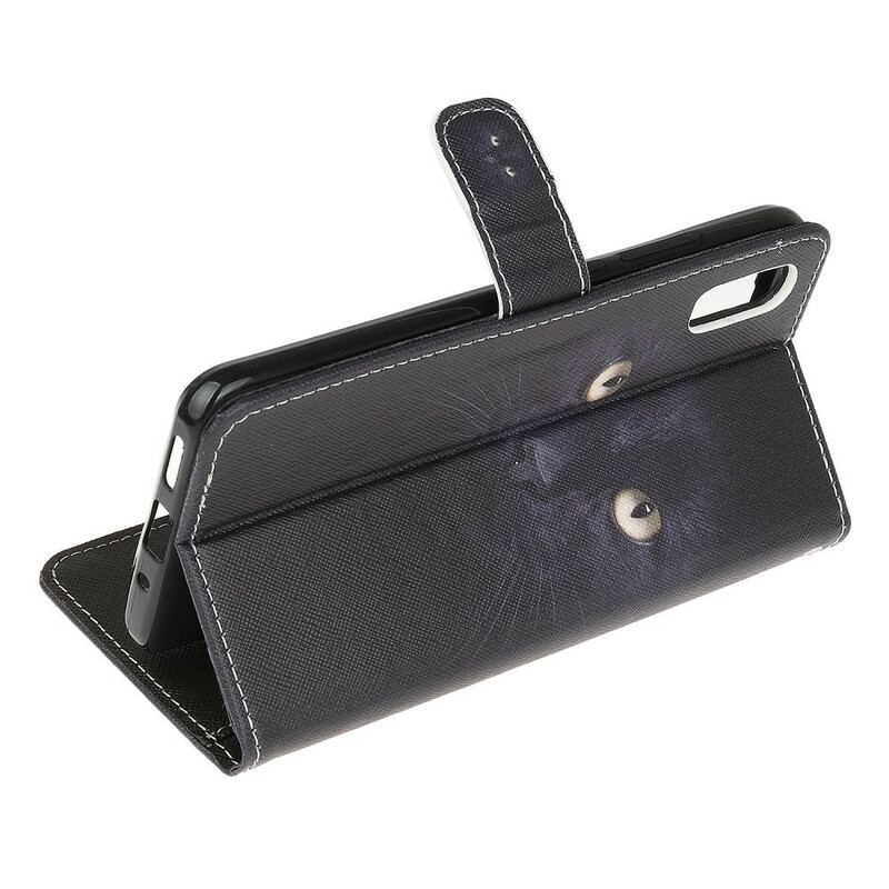 Capa Flip Para Xiaomi Redmi 9A De Cordão Olhos De Gato Preto Com Tiras