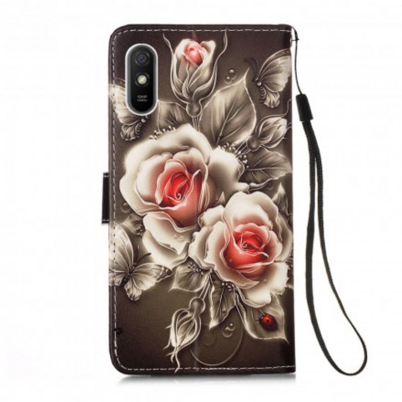 Capa Flip Para Xiaomi Redmi 9A De Cordão Rosa Negra Com Alça