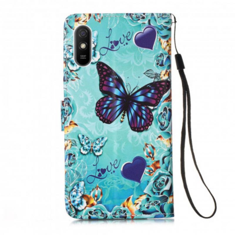 Capa Folio Para Xiaomi Redmi 9A De Cordão Borboletas Do Amor Tiras