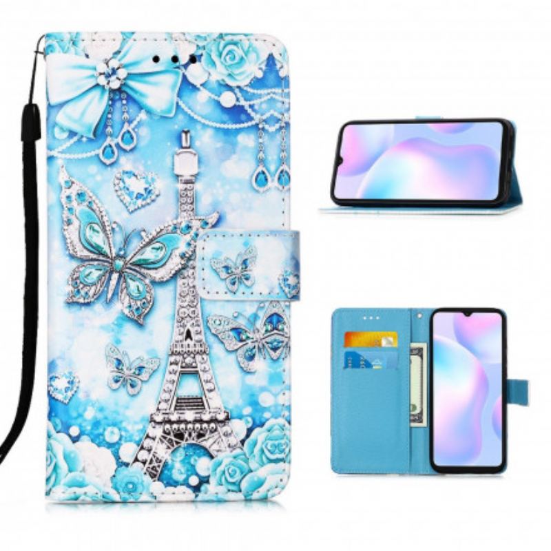 Capa Folio Para Xiaomi Redmi 9A De Cordão Correia Borboleta Torre Eiffel