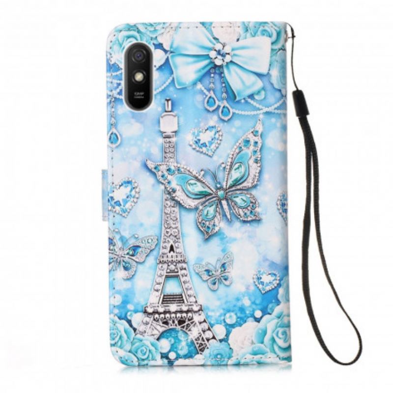 Capa Folio Para Xiaomi Redmi 9A De Cordão Correia Borboleta Torre Eiffel