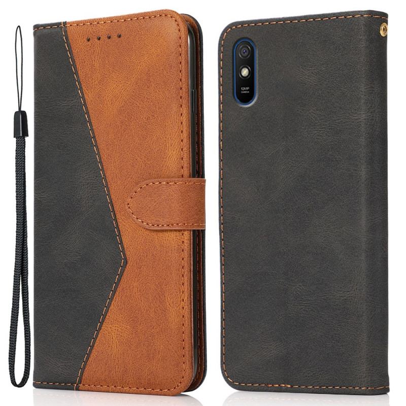 Capa Folio Para Xiaomi Redmi 9A Couro Falso Triângulo De Dois Tons