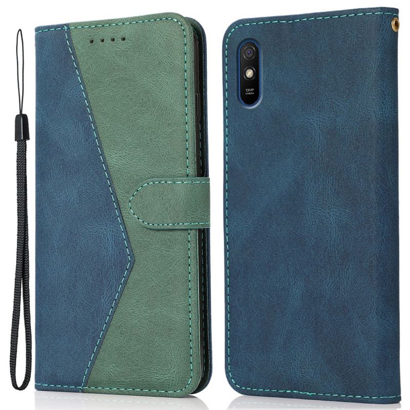 Capa Folio Para Xiaomi Redmi 9A Couro Falso Triângulo De Dois Tons