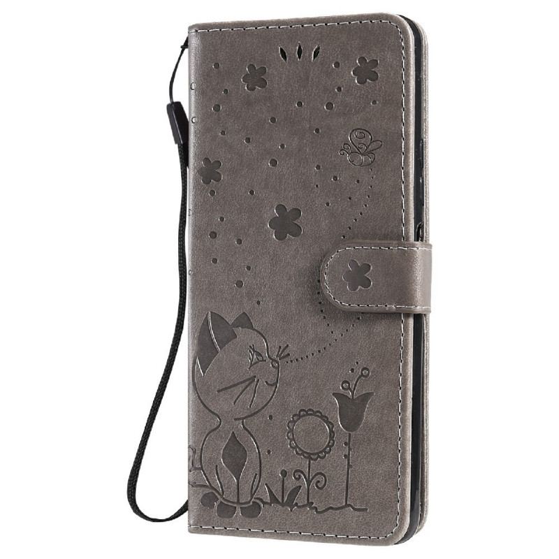 Capa De Couro Para Xiaomi Redmi Note 10 Pro De Cordão Gato E Abelha Com Cordão