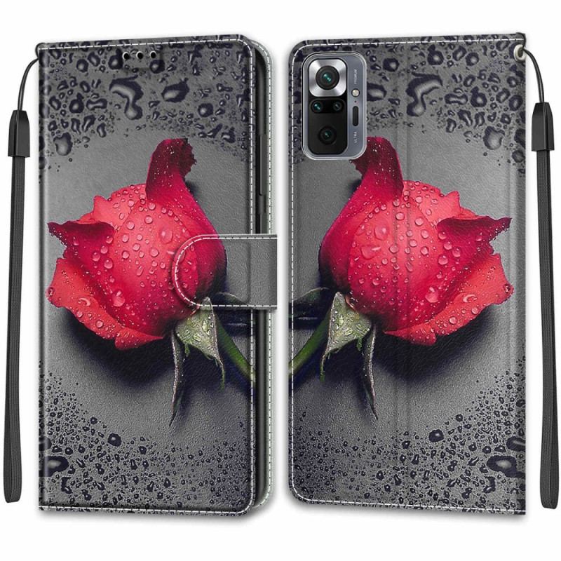 Capa Flip Para Xiaomi Redmi Note 10 Pro Rosas Com Cordão