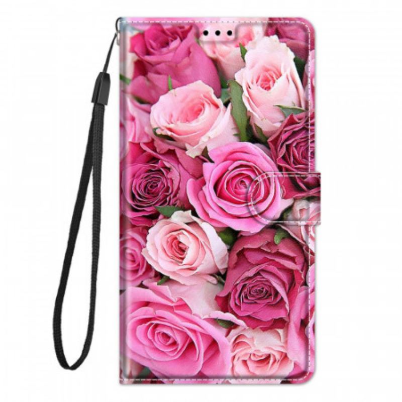 Capa Folio Para Xiaomi Redmi Note 10 Pro De Cordão Rosas De Alça