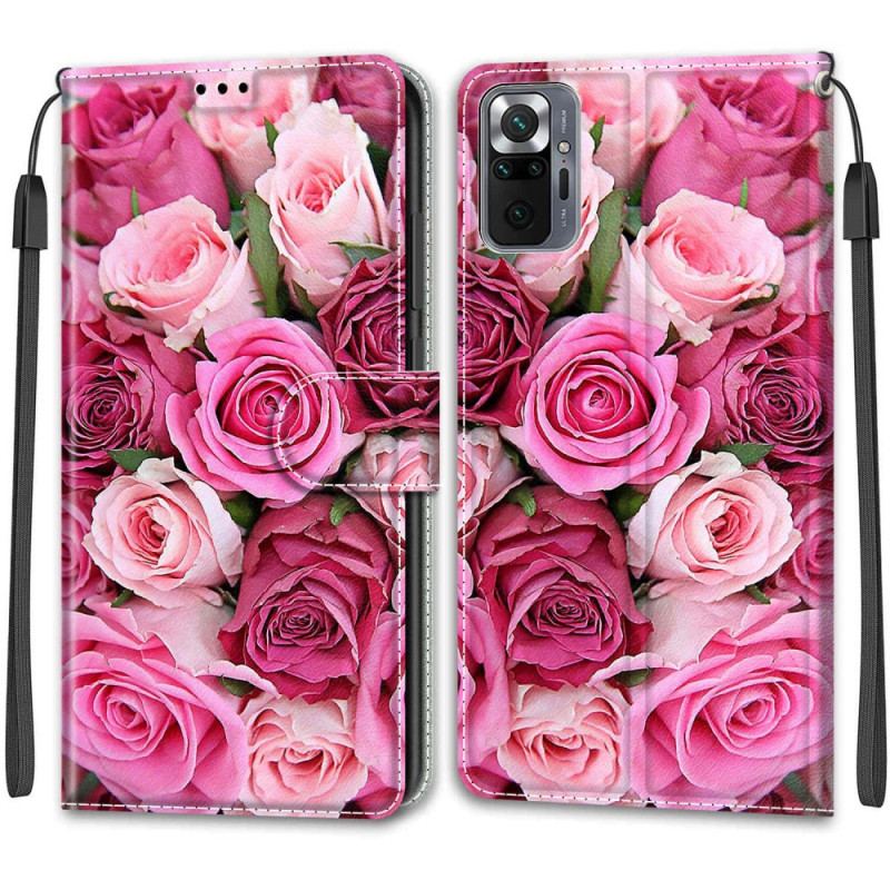 Capa Folio Para Xiaomi Redmi Note 10 Pro De Cordão Rosas De Alça