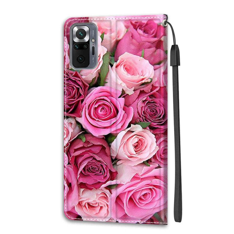 Capa Folio Para Xiaomi Redmi Note 10 Pro De Cordão Rosas De Alça