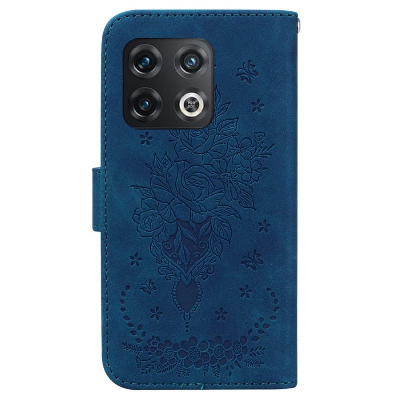 Capa Flip Para OnePlus 10 Pro 5G De Cordão Strappy Rosas E Borboletas