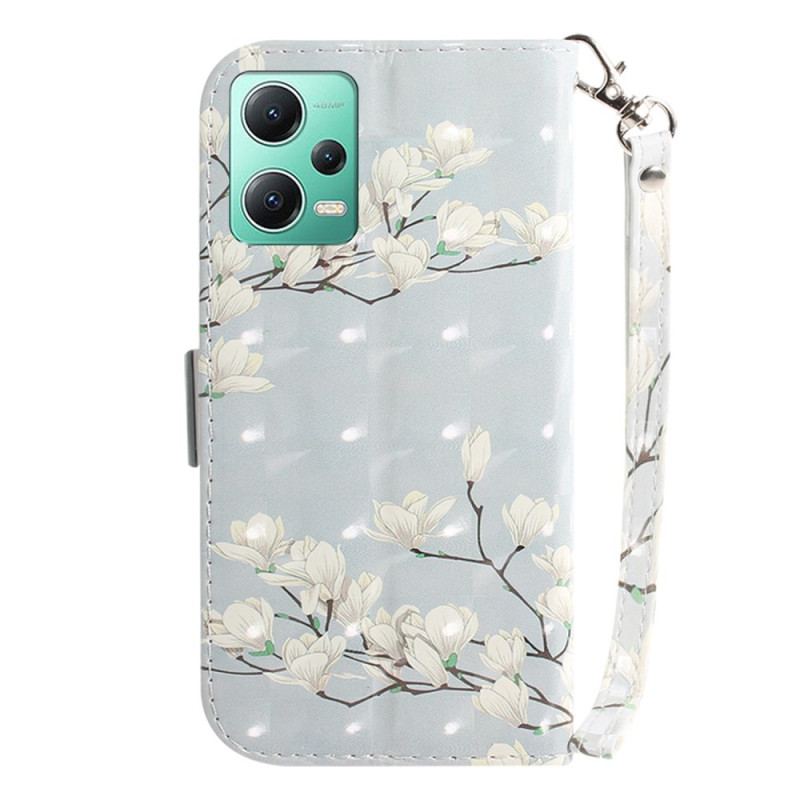 Capa Folio Para Poco X5 5G De Cordão Flores Brancas Com Tiras