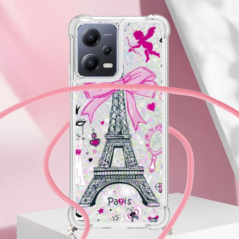 Capa Para Poco X5 5G De celular Cordão Glitter Torre Eiffel