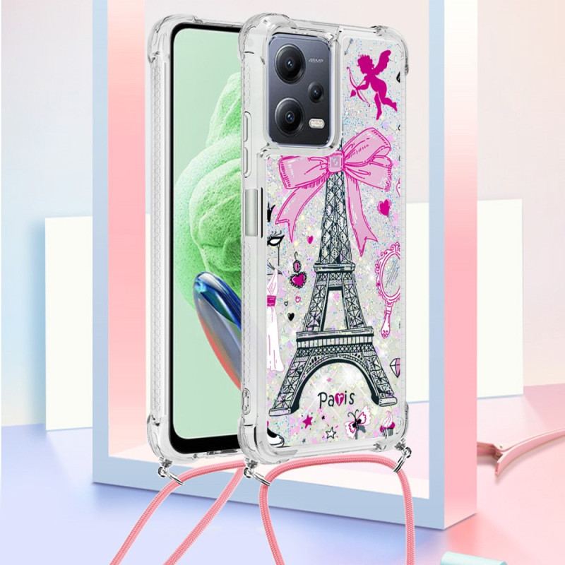 Capa Para Poco X5 5G De celular Cordão Glitter Torre Eiffel