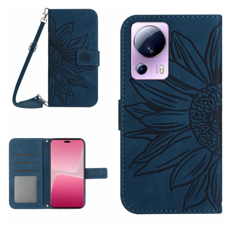 Capa Flip Para Xiaomi 13 Lite Flor Com Alça De Ombro