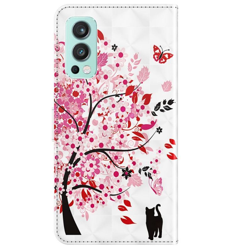 Capa De Couro Para OnePlus Nord 2 5G Árvore Rosa E Gato Preto