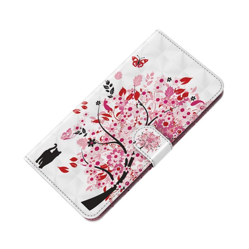 Capa De Couro Para OnePlus Nord 2 5G Árvore Rosa E Gato Preto