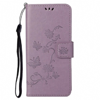 Capa De Couro Para OnePlus Nord 2 5G De Cordão Tanga Borboletas E Flores