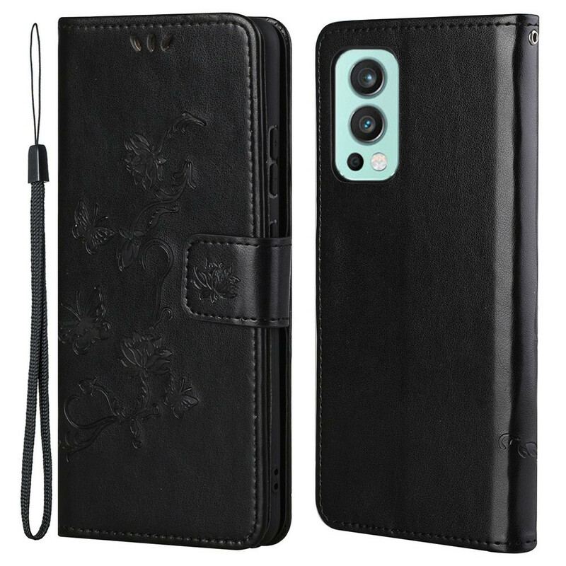 Capa De Couro Para OnePlus Nord 2 5G De Cordão Tanga Borboletas E Flores