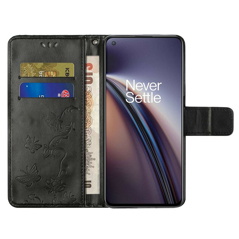 Capa De Couro Para OnePlus Nord 2 5G De Cordão Tanga Borboletas E Flores