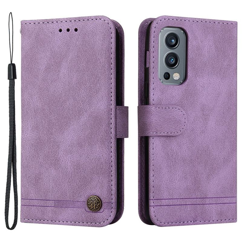 Capa Flip Para OnePlus Nord 2 5G Correia E Rebite De Couro Sintético