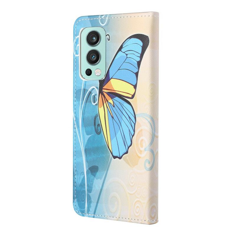 Capa Folio Para OnePlus Nord 2 5G Borboleta Azul E Amarela