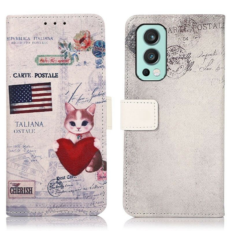 Capa Folio Para OnePlus Nord 2 5G Gato Viajante