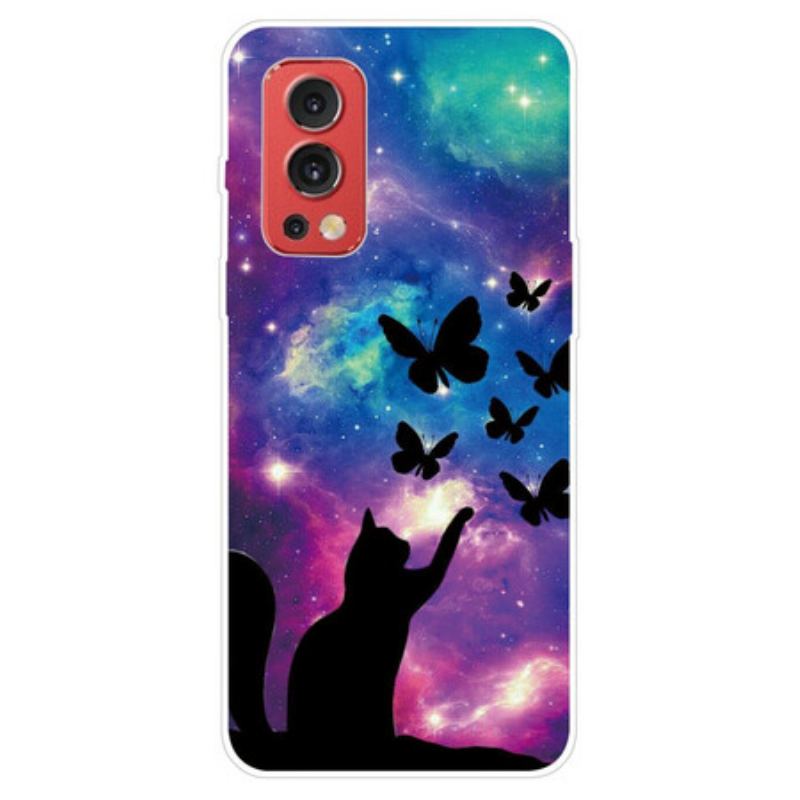 Capa Para OnePlus Nord 2 5G Gato E Borboletas No Espaço