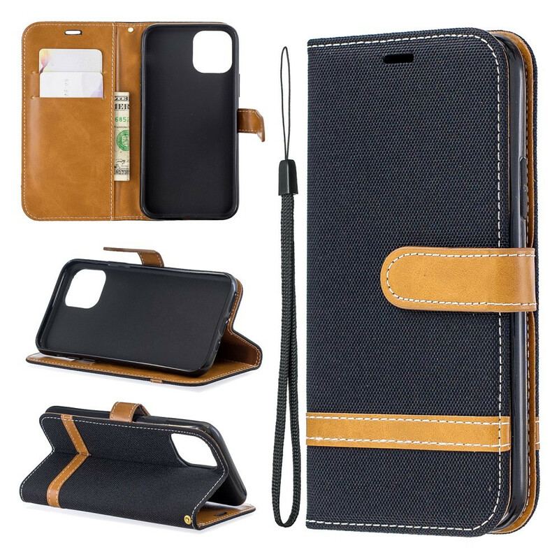 Capa Flip Para iPhone 11 Pro De Cordão Correia Efeito Tecido E Couro