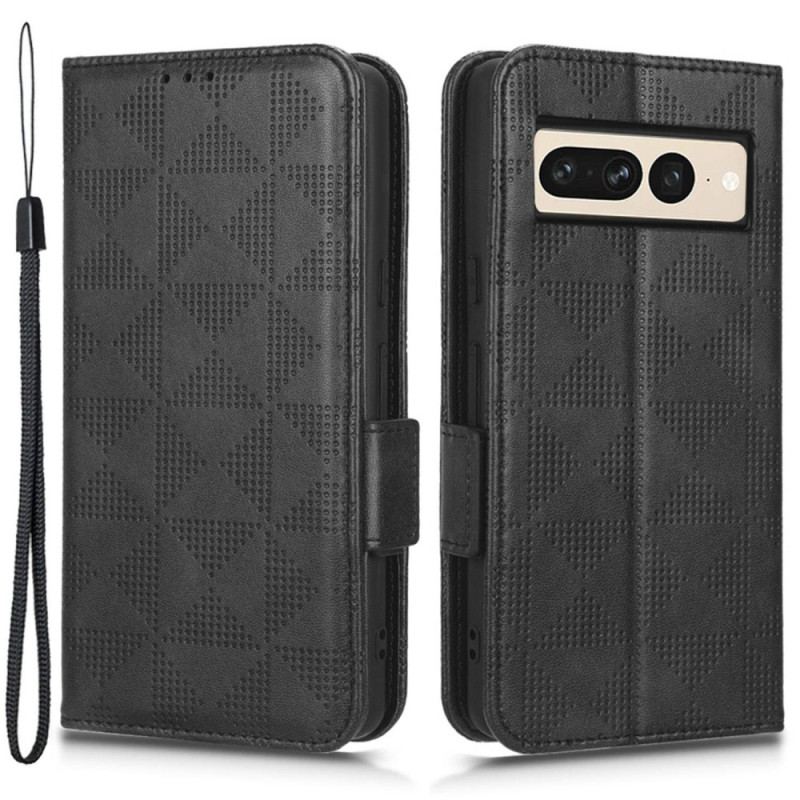 Capa De Couro Para Google Pixel 7 Pro Triângulos Estampados Com Cordão