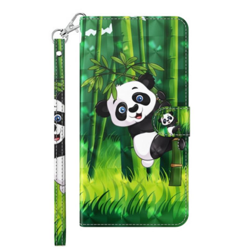 Capa Em Pele Para Google Pixel 7 Pro De Cordão Panda E Bambu Com Lanyard