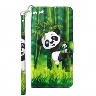 Capa Em Pele Para Google Pixel 7 Pro De Cordão Panda E Bambu Com Lanyard