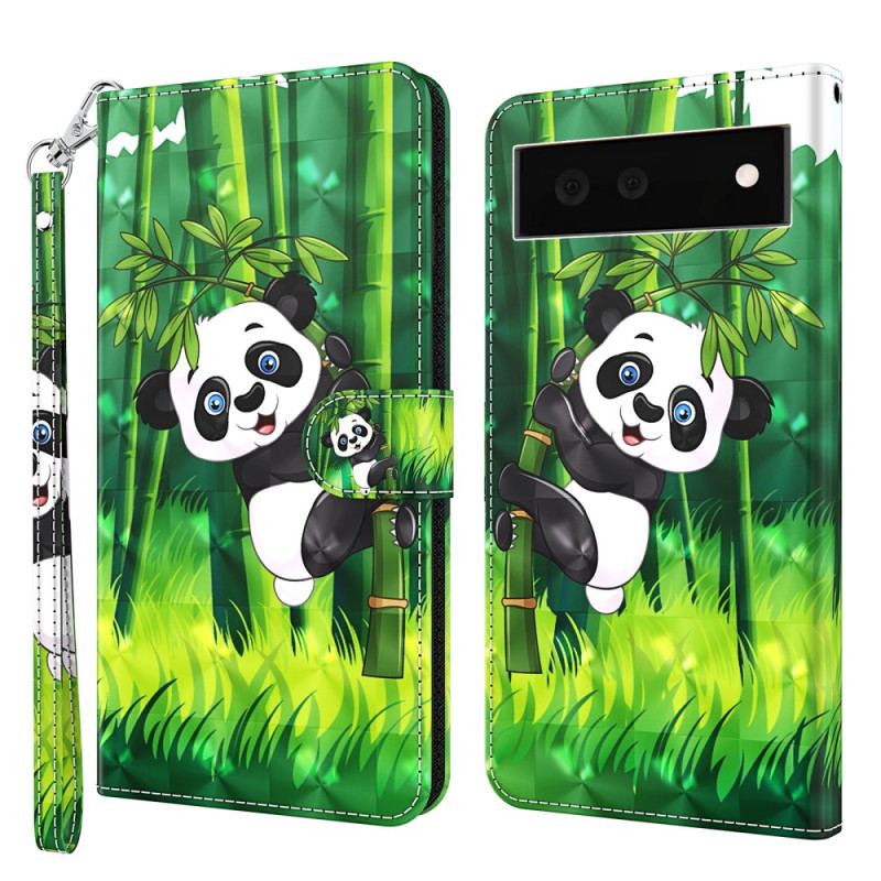 Capa Em Pele Para Google Pixel 7 Pro De Cordão Panda E Bambu Com Lanyard