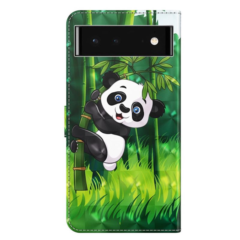 Capa Em Pele Para Google Pixel 7 Pro De Cordão Panda E Bambu Com Lanyard