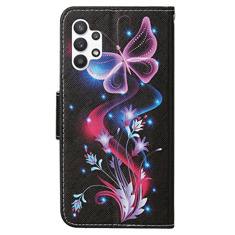 Capa De Couro Para Samsung Galaxy A13 Borboletas E Cordão