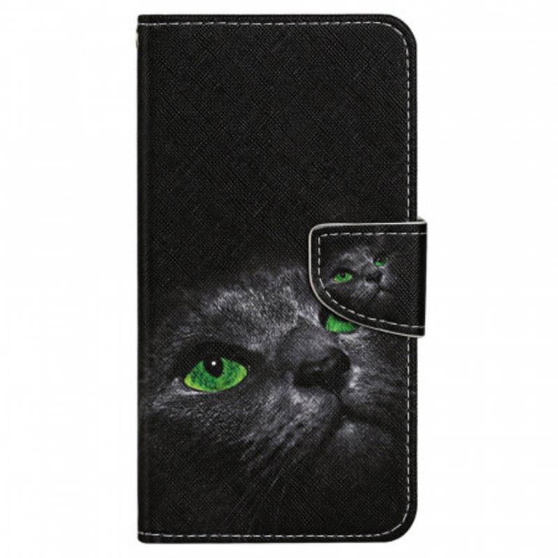 Capa De Couro Para Samsung Galaxy A13 De Cordão Gato De Olhos Verdes Com Alça