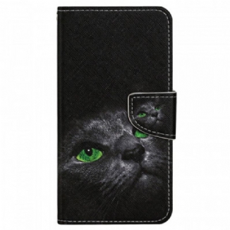 Capa De Couro Para Samsung Galaxy A13 De Cordão Gato De Olhos Verdes Com Alça