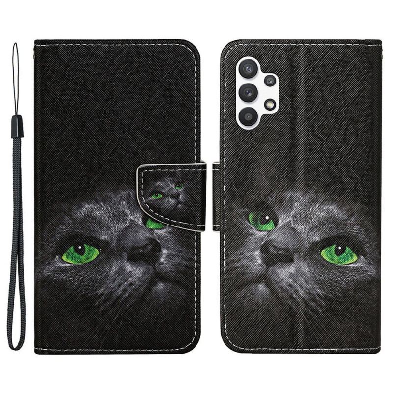 Capa De Couro Para Samsung Galaxy A13 De Cordão Gato De Olhos Verdes Com Alça