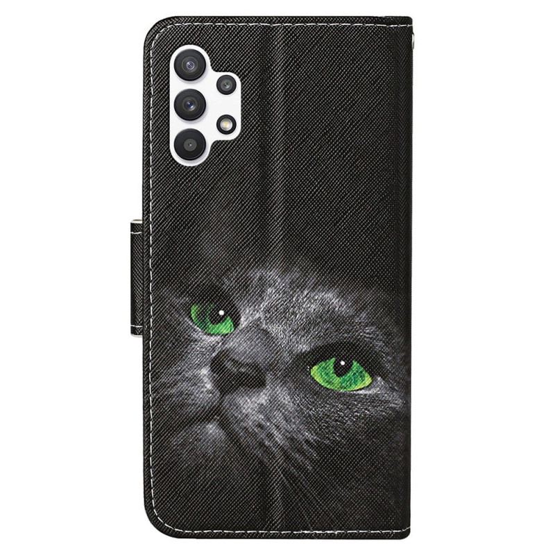 Capa De Couro Para Samsung Galaxy A13 De Cordão Gato De Olhos Verdes Com Alça