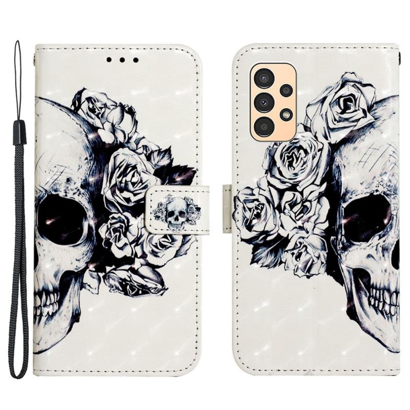 Capa Em Pele Para Samsung Galaxy A13 De Cordão Caveira Floral Com Alça