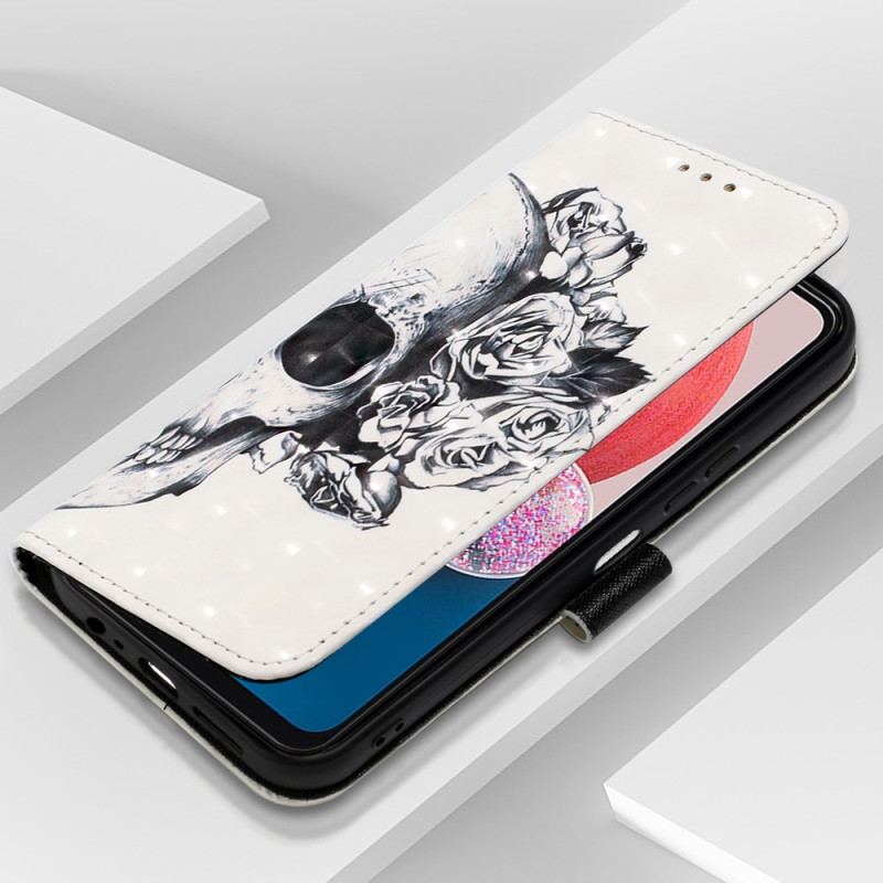 Capa Em Pele Para Samsung Galaxy A13 De Cordão Caveira Floral Com Alça