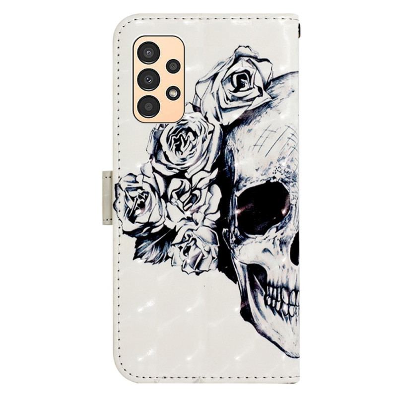 Capa Em Pele Para Samsung Galaxy A13 De Cordão Caveira Floral Com Alça