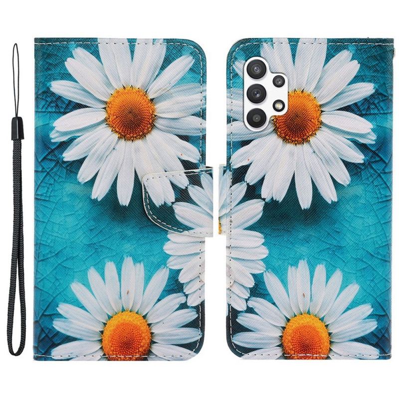 Capa Flip Para Samsung Galaxy A13 De Cordão Fio Dental Margaridas