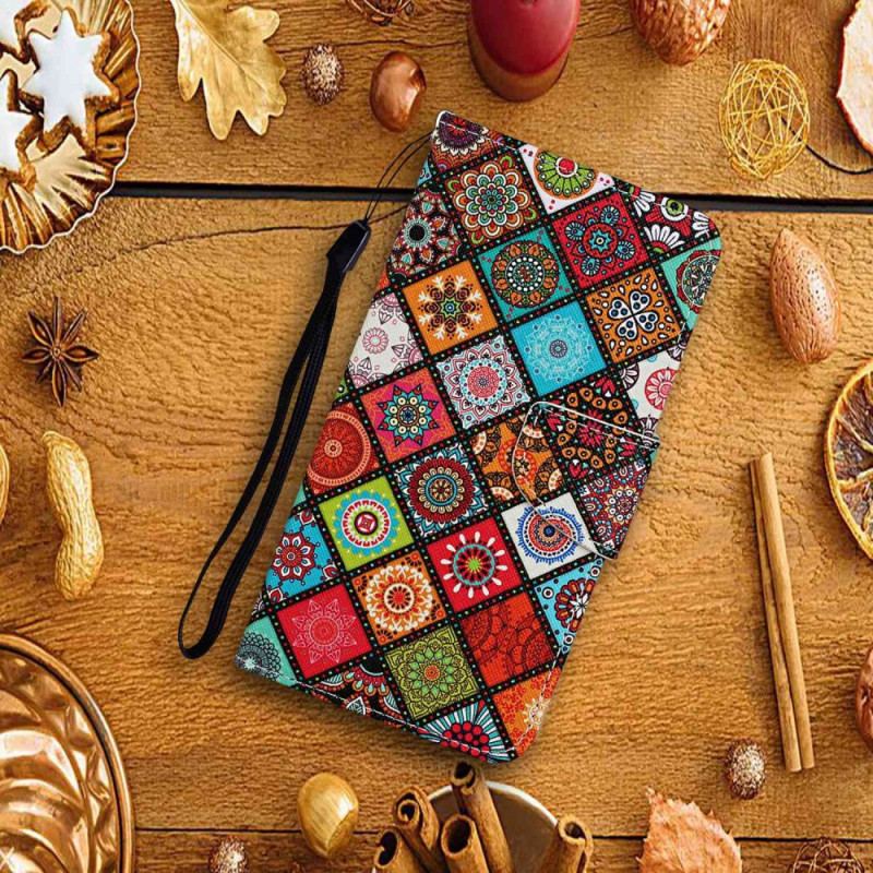 Capa Flip Para Samsung Galaxy A13 Patchwork Com Cordão