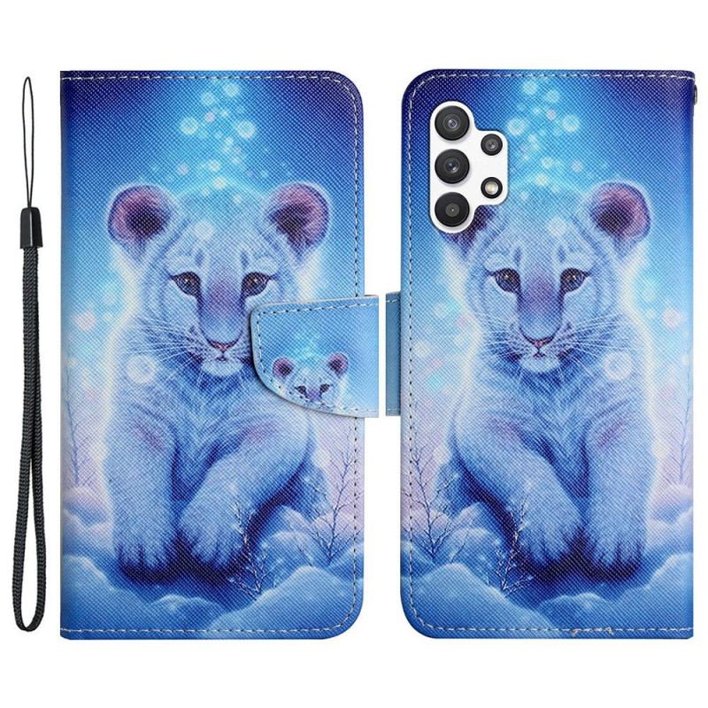 Capa Flip Para Samsung Galaxy A13 Tigre Branco Com Cordão